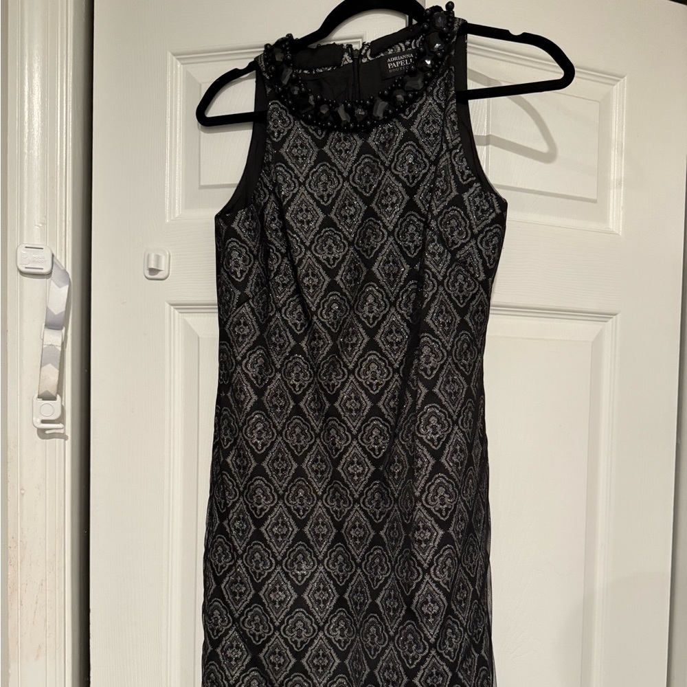 Adrianna Papell Black and Silver Sheath Cocktail Dress